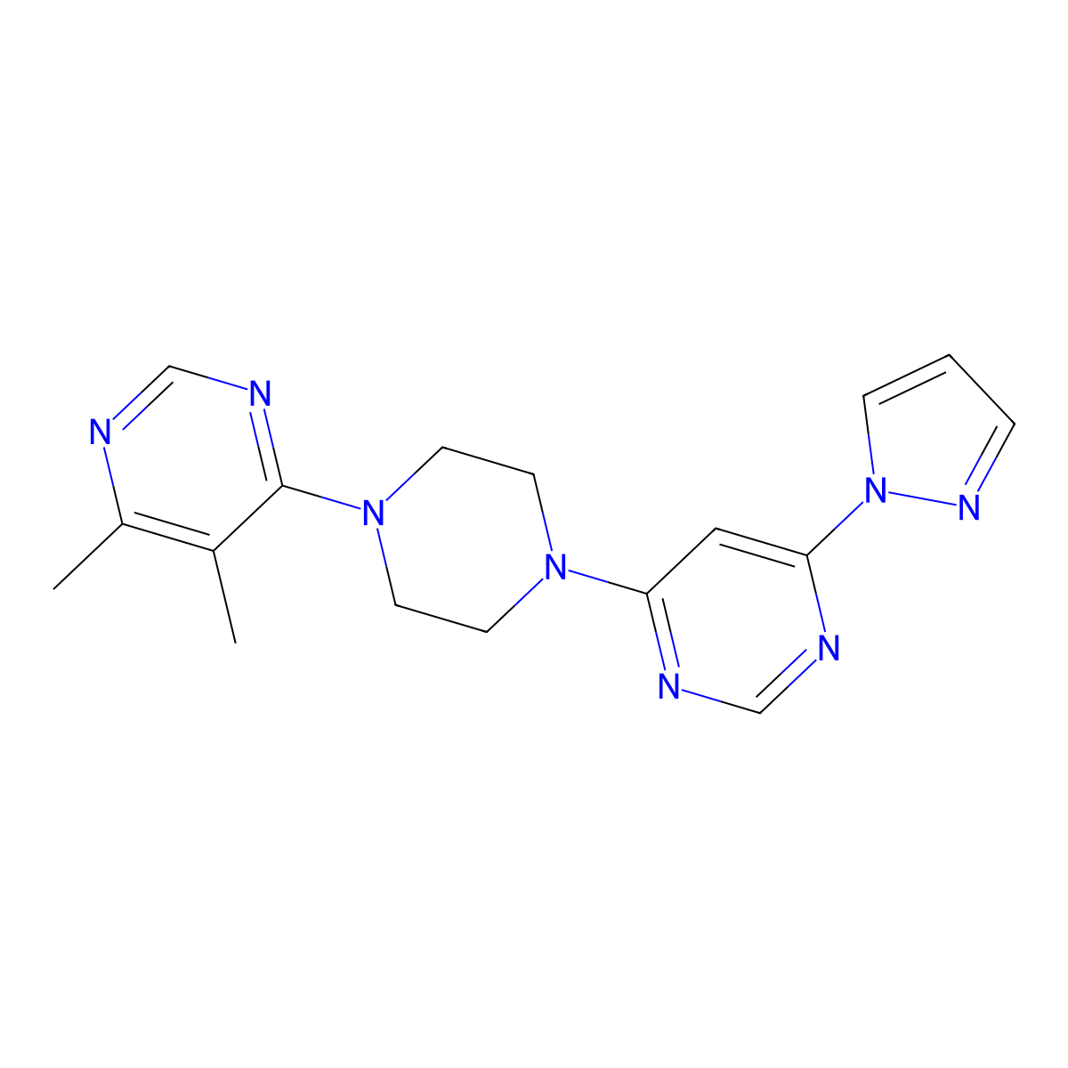 4,5-dimethyl-6-{4-[6-(1H-pyrazol-1-yl)pyrimidin-4-yl]piperazin-1-yl}pyrimidine molecular structure, CAS 2415455-96-6