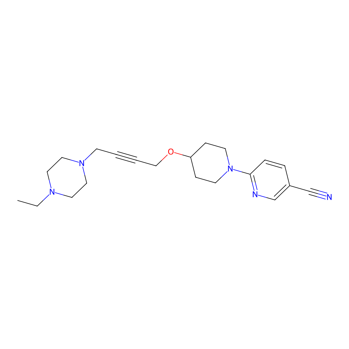 6-[4-[4-(4-Ethylpiperazin-1-yl)but-2-ynoxy]piperidin-1-yl]pyridine-3-carbonitrile molecular structure, CAS 2415456-23-2