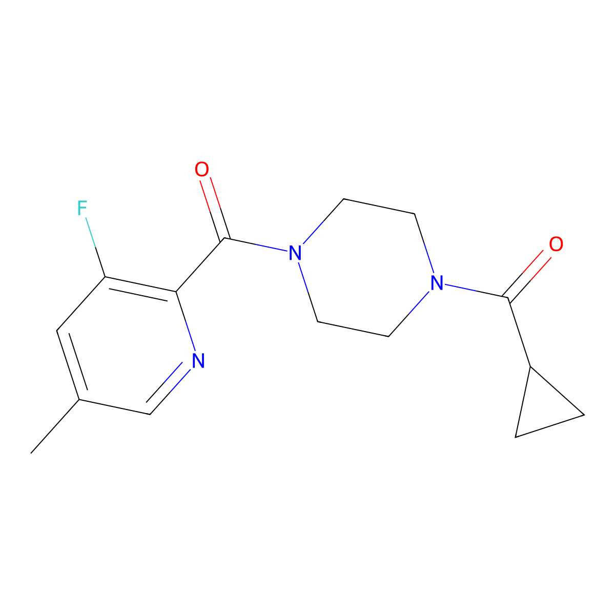 1-Cyclopropanecarbonyl-4-(3-fluoro-5-methylpyridine-2-carbonyl)piperazine molecular structure, CAS 2415456-24-3