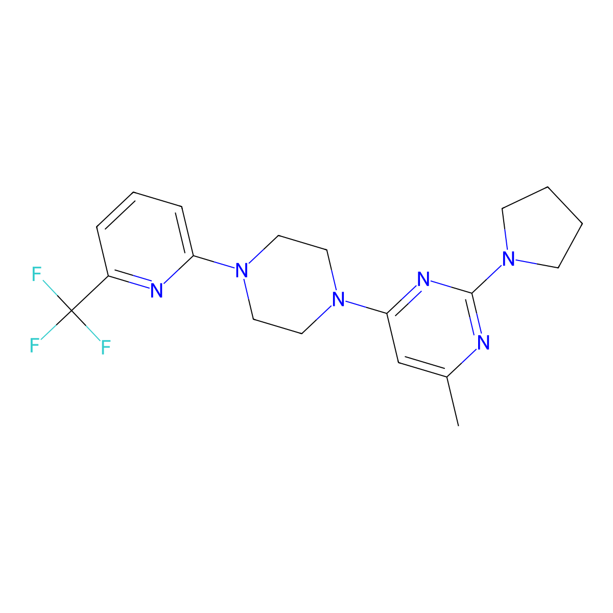 4-Methyl-2-(pyrrolidin-1-yl)-6-{4-[6-(trifluoromethyl)pyridin-2-yl]piperazin-1-yl}pyrimidine molecular structure, CAS 2415456-29-8