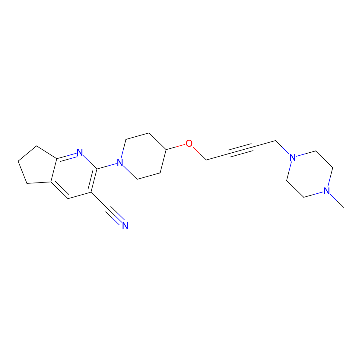 2-(4-{[4-(4-methylpiperazin-1-yl)but-2-yn-1-yl]oxy}piperidin-1-yl)-5H,6H,7H-cyclopenta[b]pyridine-3-carbonitrile molecular structure, CAS 2415456-31-2