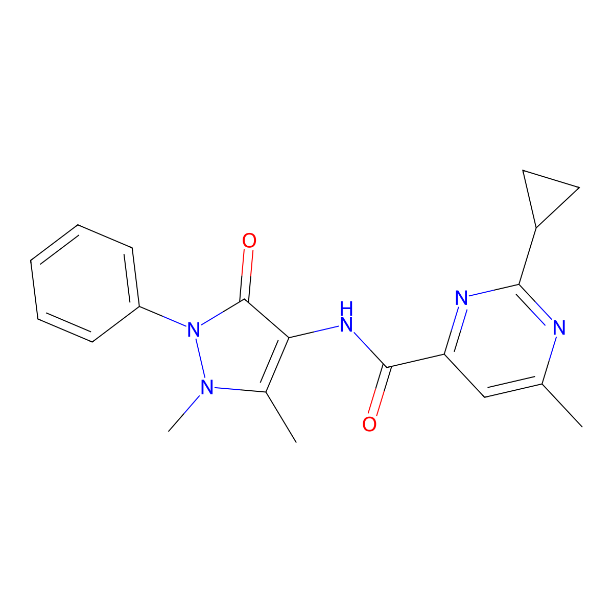 2-cyclopropyl-N-(1,5-dimethyl-3-oxo-2-phenyl-2,3-dihydro-1H-pyrazol-4-yl)-6-methylpyrimidine-4-carboxamide molecular structure, CAS 2415456-34-5