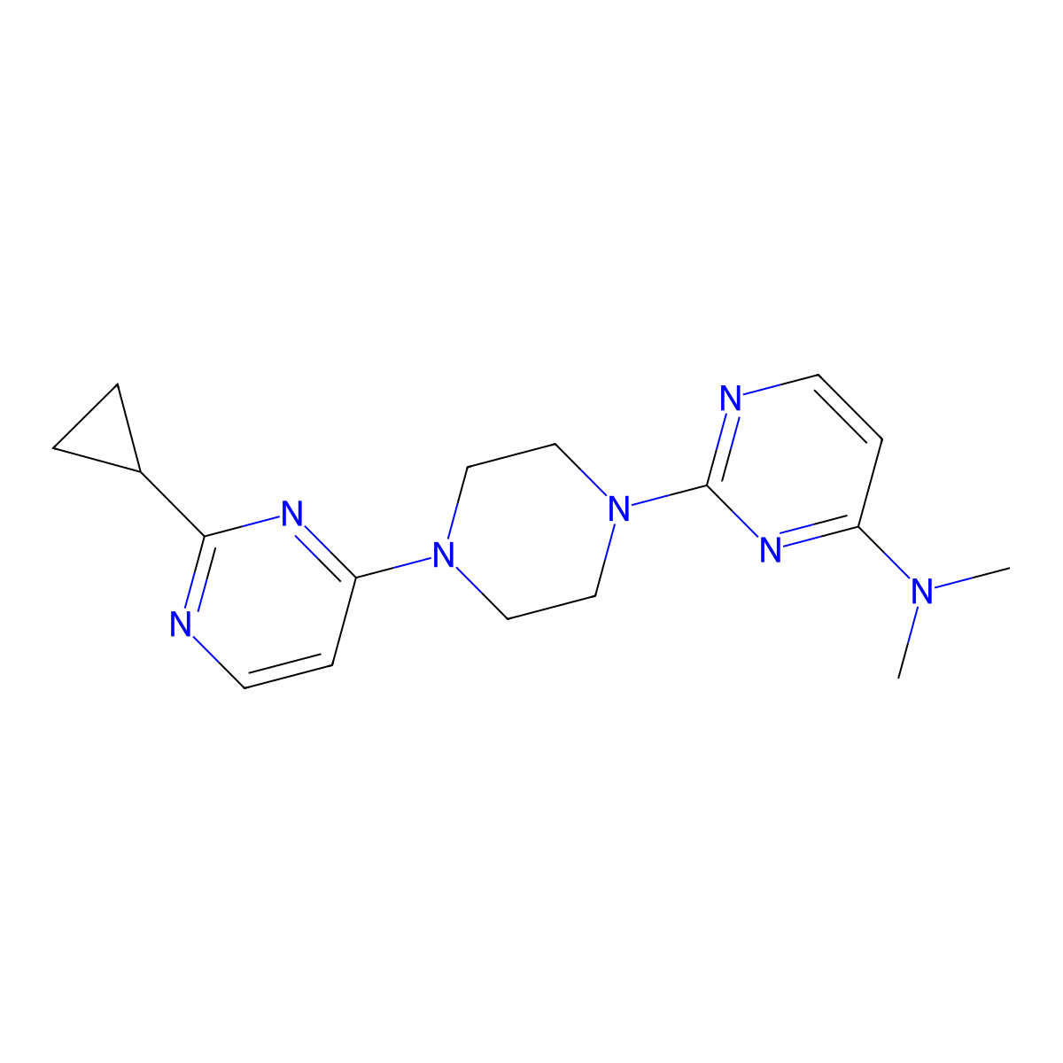 2-[4-(2-Cyclopropylpyrimidin-4-yl)piperazin-1-yl]-N,N-dimethylpyrimidin-4-amine molecular structure, CAS 2415456-35-6