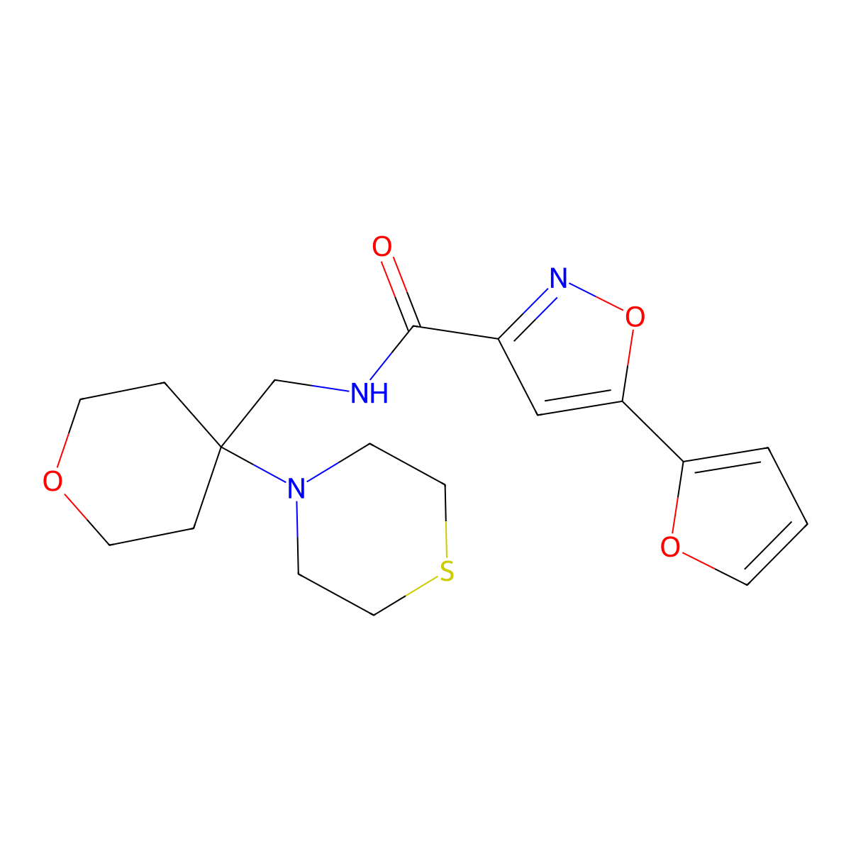5-(furan-2-yl)-N-{[4-(thiomorpholin-4-yl)oxan-4-yl]methyl}-1,2-oxazole-3-carboxamide molecular structure, CAS 2415456-45-8