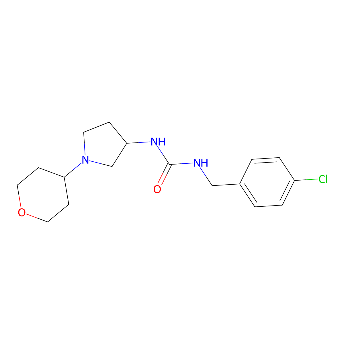 1-[(4-Chlorophenyl)methyl]-3-[1-(oxan-4-yl)pyrrolidin-3-yl]urea molecular structure, CAS 2415456-55-0
