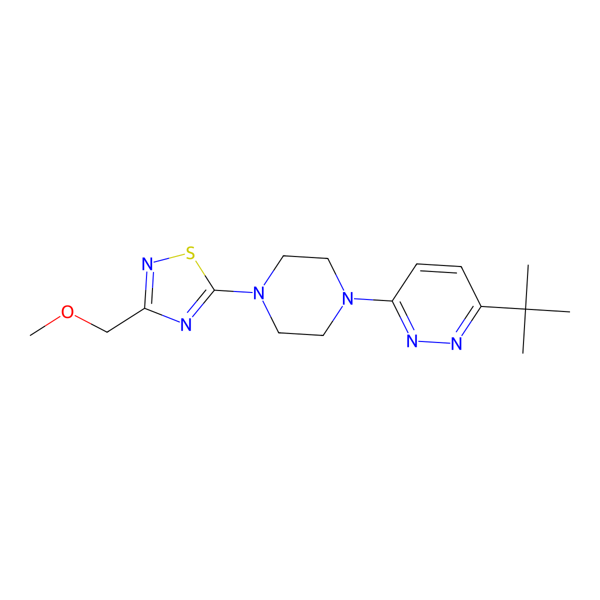3-Tert-butyl-6-{4-[3-(methoxymethyl)-1,2,4-thiadiazol-5-yl]piperazin-1-yl}pyridazine molecular structure, CAS 2415456-65-2