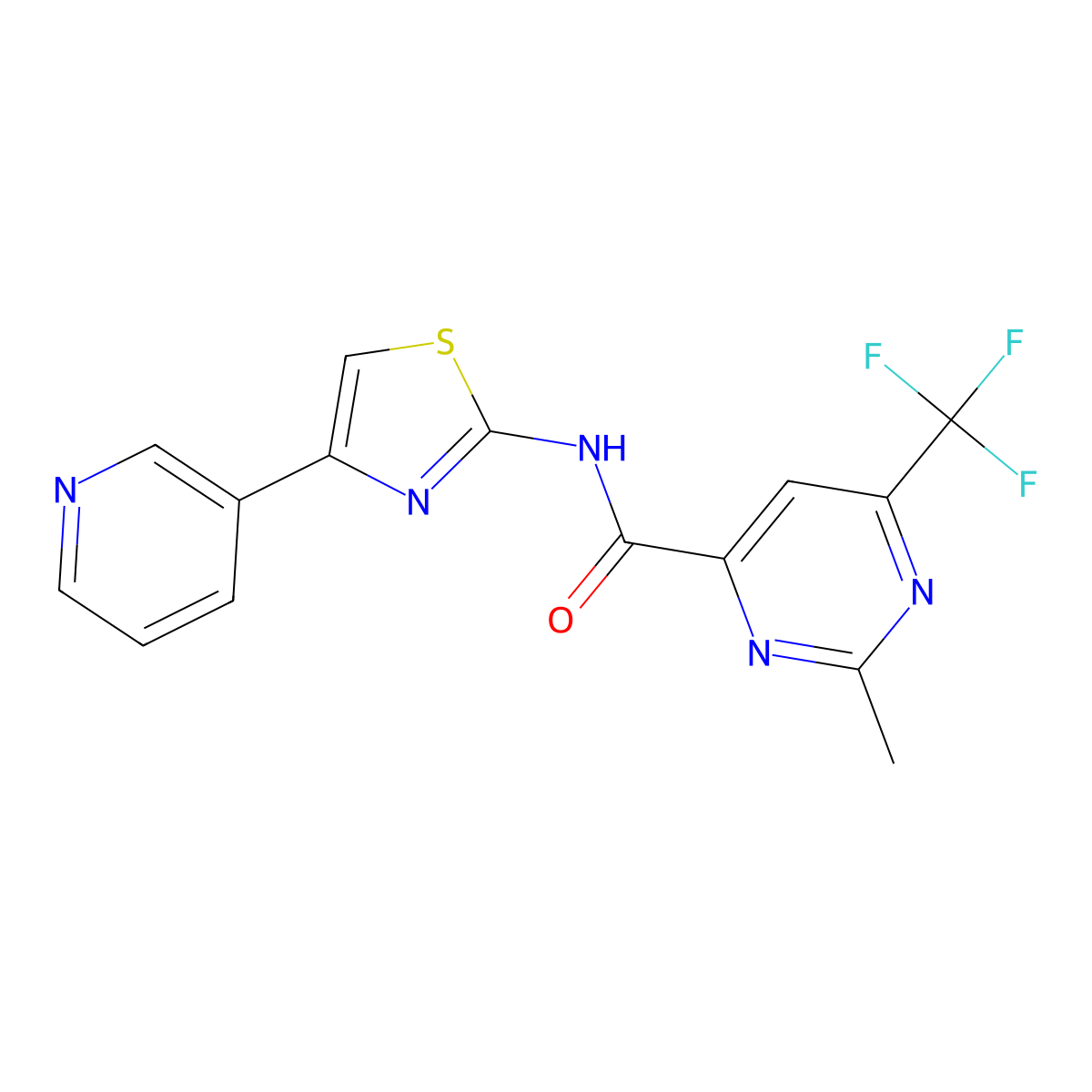 2-methyl-N-[4-(pyridin-3-yl)-1,3-thiazol-2-yl]-6-(trifluoromethyl)pyrimidine-4-carboxamide molecular structure, CAS 2415456-75-4