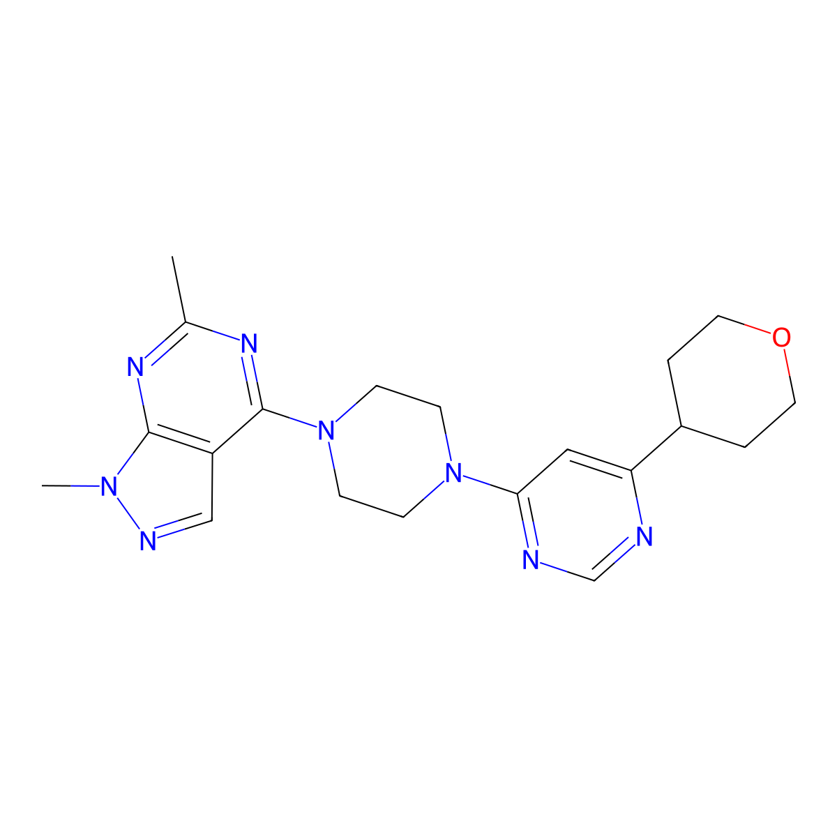 4-(4-{1,6-dimethyl-1H-pyrazolo[3,4-d]pyrimidin-4-yl}piperazin-1-yl)-6-(oxan-4-yl)pyrimidine molecular structure, CAS 2415456-82-3