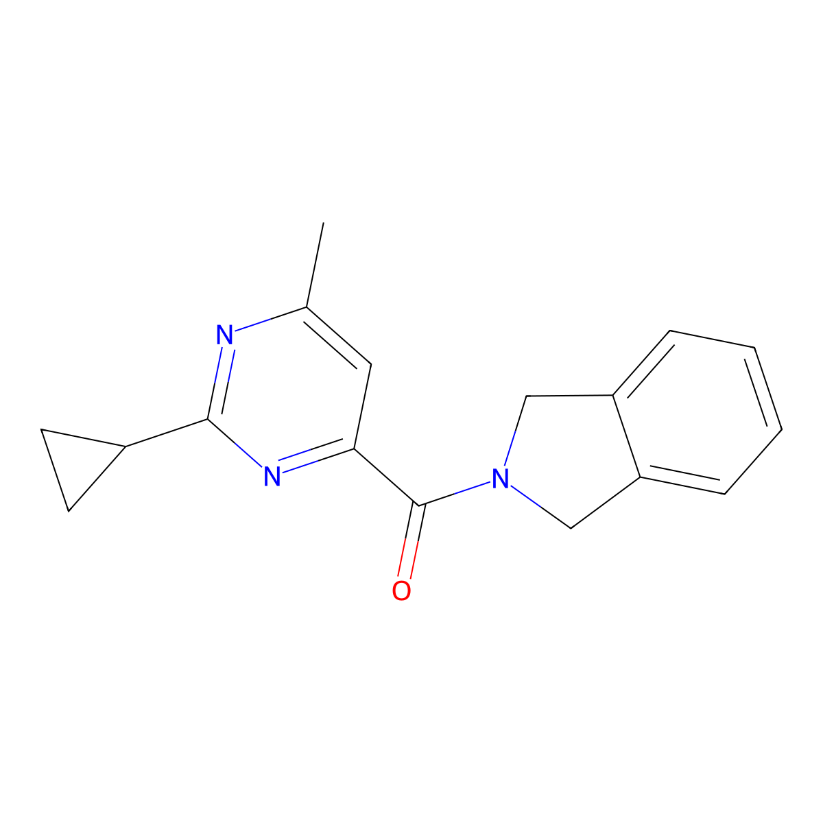 2-(2-cyclopropyl-6-methylpyrimidine-4-carbonyl)-2,3-dihydro-1H-isoindole molecular structure, CAS 2415456-92-5