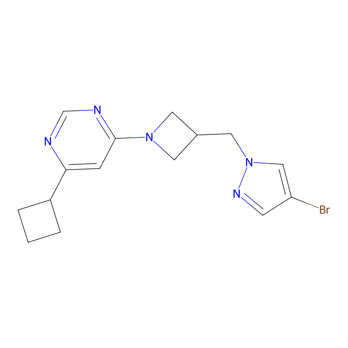 4-{3-[(4-bromo-1H-pyrazol-1-yl)methyl]azetidin-1-yl}-6-cyclobutylpyrimidine molecular structure, CAS 2415456-94-7