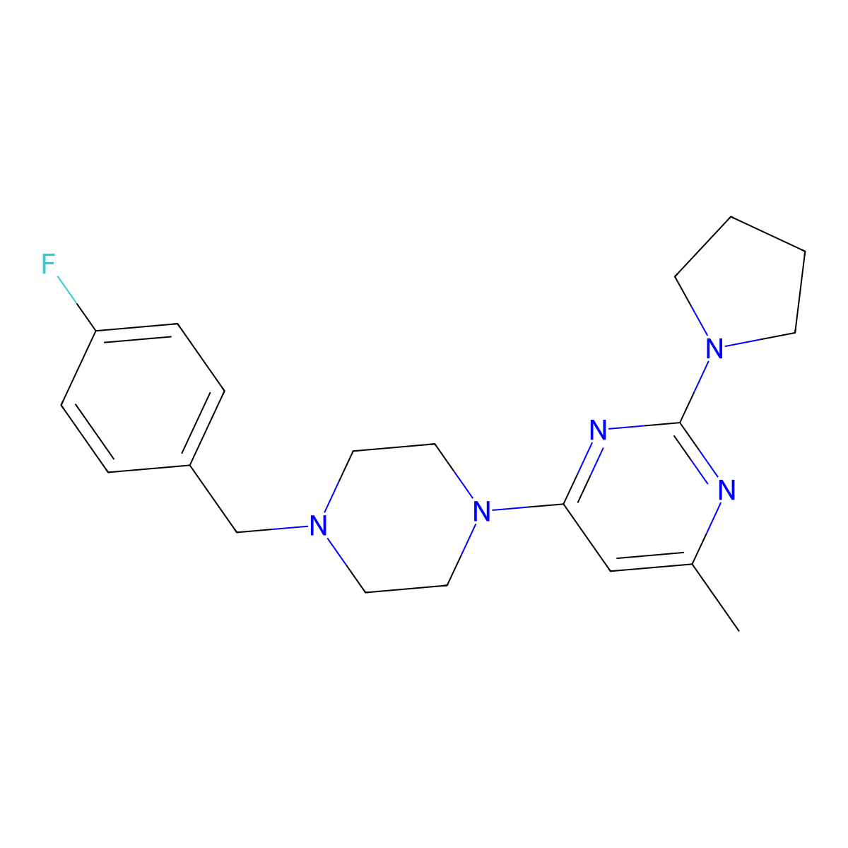 4-{4-[(4-Fluorophenyl)methyl]piperazin-1-yl}-6-methyl-2-(pyrrolidin-1-yl)pyrimidine molecular structure, CAS 2415456-99-2