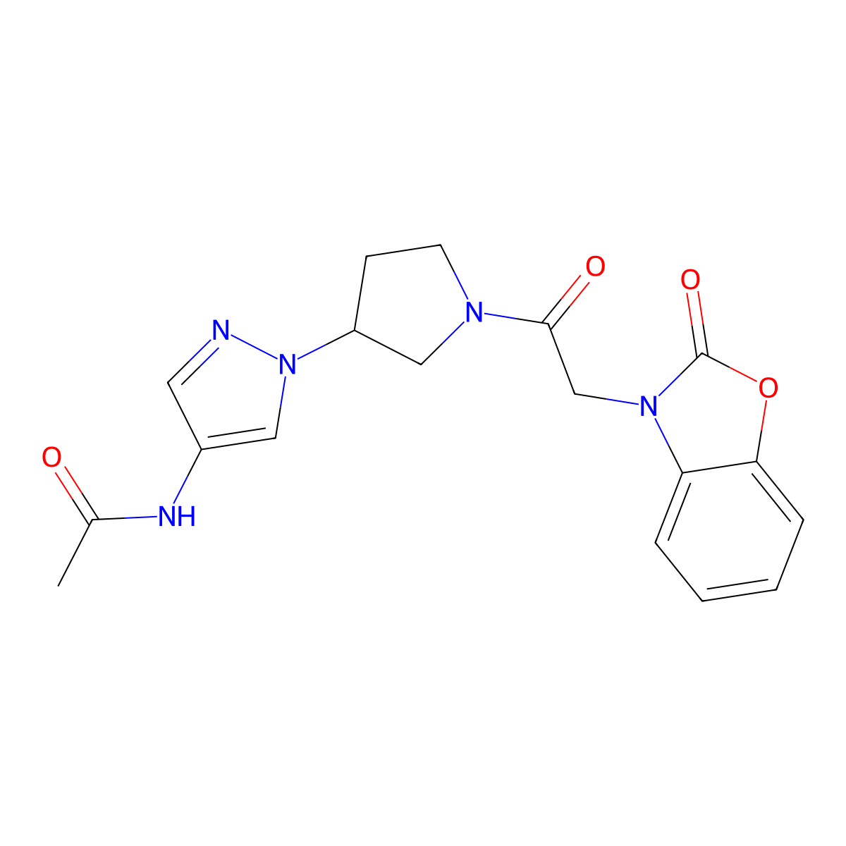 N-(1-{1-[2-(2-oxo-2,3-dihydro-1,3-benzoxazol-3-yl)acetyl]pyrrolidin-3-yl}-1H-pyrazol-4-yl)acetamide molecular structure, CAS 2415457-05-3