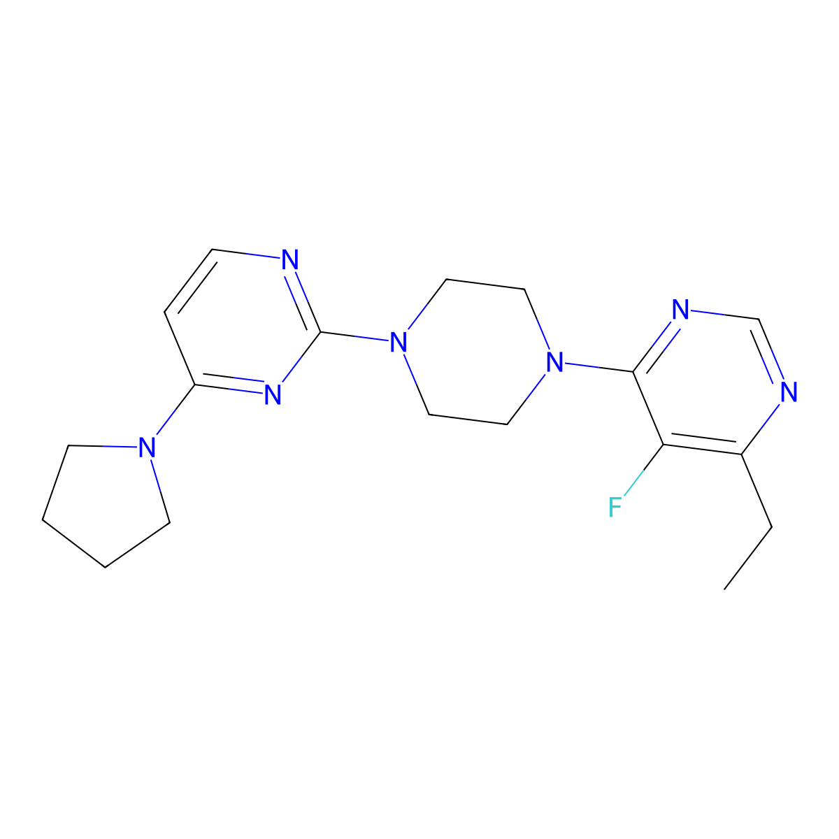 2-[4-(6-Ethyl-5-fluoropyrimidin-4-yl)piperazin-1-yl]-4-(pyrrolidin-1-yl)pyrimidine molecular structure, CAS 2415457-08-6