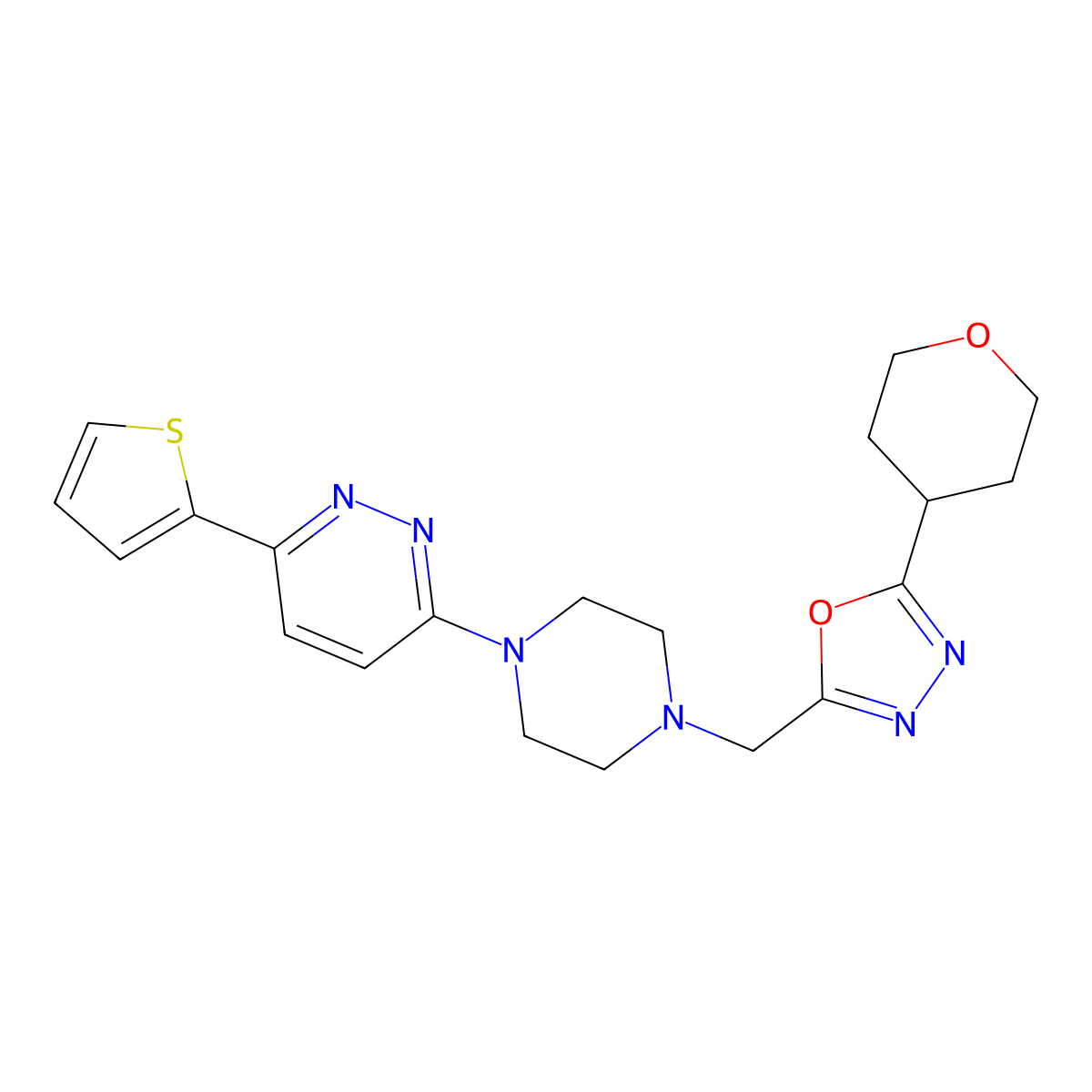 3-(4-{[5-(Oxan-4-yl)-1,3,4-oxadiazol-2-yl]methyl}piperazin-1-yl)-6-(thiophen-2-yl)pyridazine molecular structure, CAS 2415457-17-7