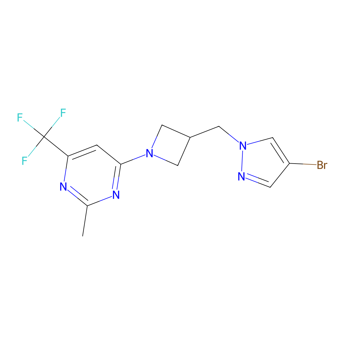 4-{3-[(4-bromo-1H-pyrazol-1-yl)methyl]azetidin-1-yl}-2-methyl-6-(trifluoromethyl)pyrimidine molecular structure, CAS 2415457-21-3