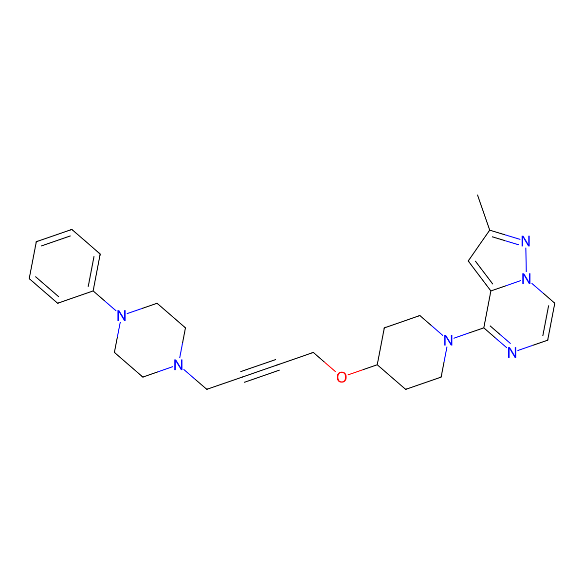 1-{4-[(1-{2-Methylpyrazolo[1,5-a]pyrazin-4-yl}piperidin-4-yl)oxy]but-2-yn-1-yl}-4-phenylpiperazine molecular structure, CAS 2415457-22-4