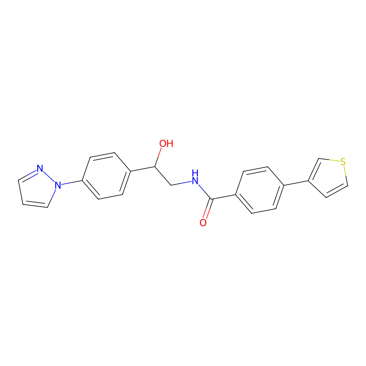 N-{2-hydroxy-2-[4-(1H-pyrazol-1-yl)phenyl]ethyl}-4-(thiophen-3-yl)benzamide molecular structure, CAS 2415461-42-4