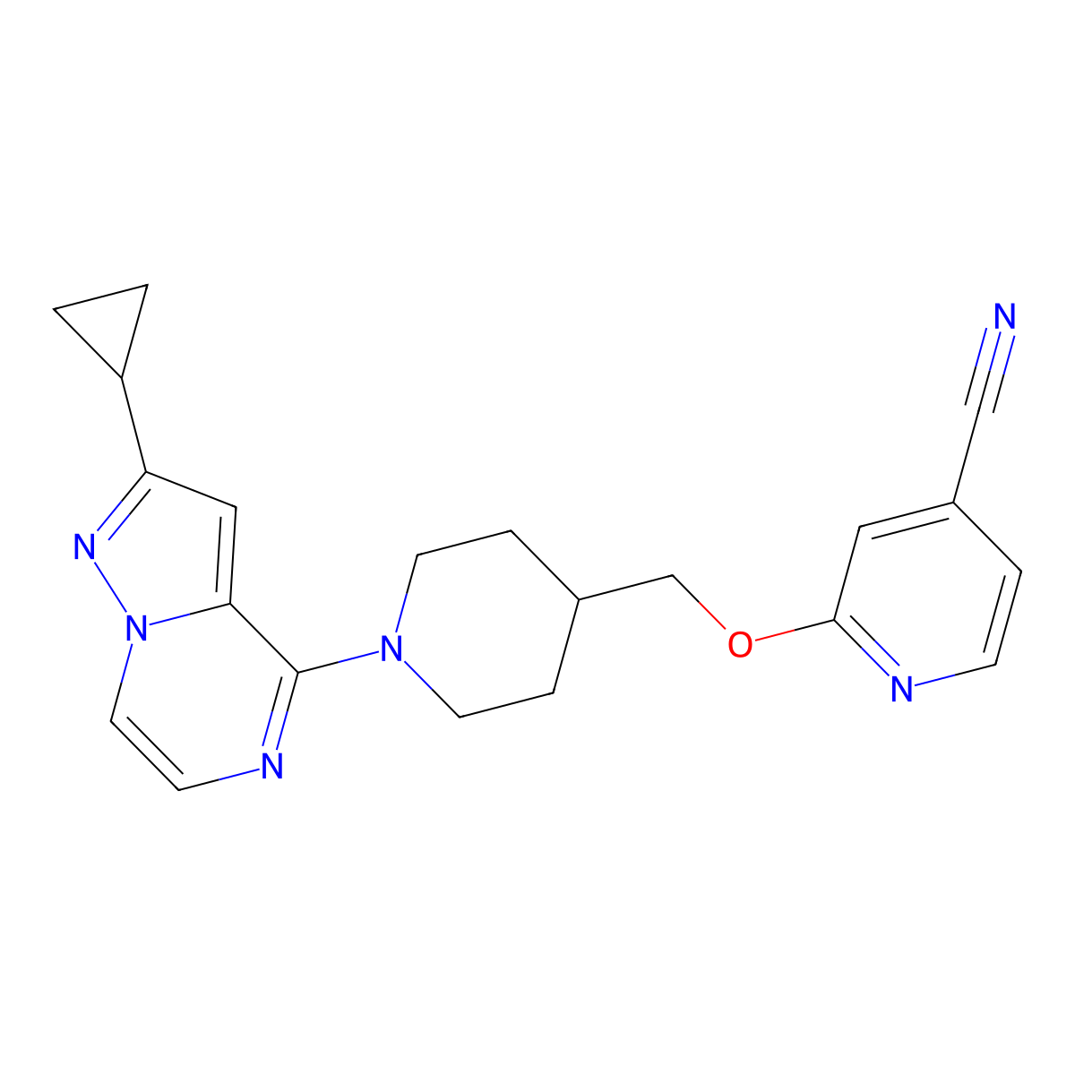 2-[(1-{2-Cyclopropylpyrazolo[1,5-a]pyrazin-4-yl}piperidin-4-yl)methoxy]pyridine-4-carbonitrile molecular structure, CAS 2415461-43-5