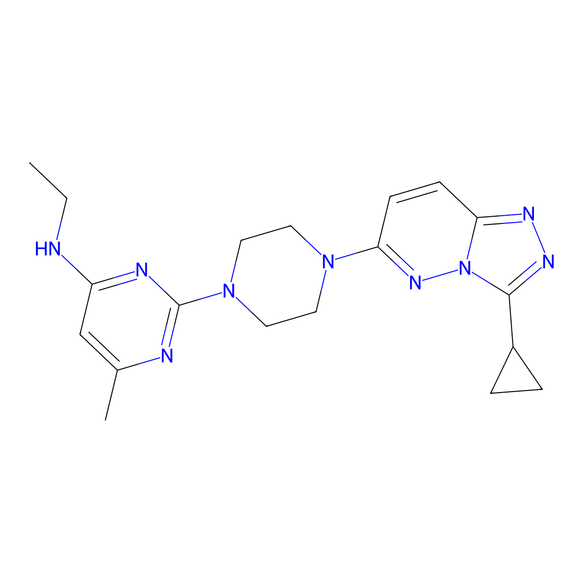 2-(4-{3-cyclopropyl-[1,2,4]triazolo[4,3-b]pyridazin-6-yl}piperazin-1-yl)-N-ethyl-6-methylpyrimidin-4-amine molecular structure, CAS 2415461-63-9
