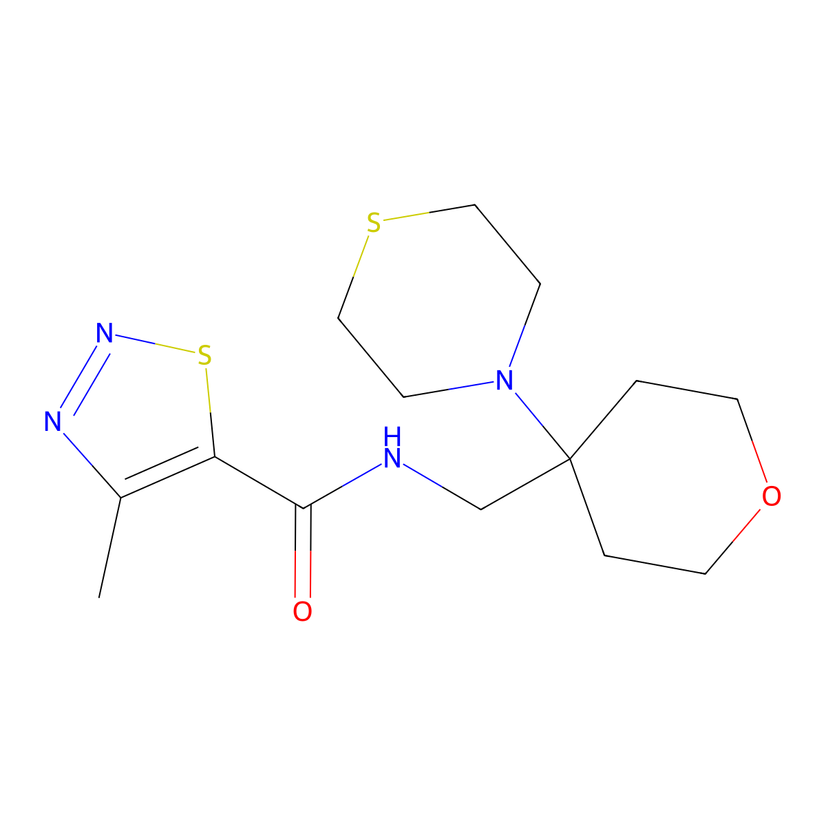 4-methyl-N-{[4-(thiomorpholin-4-yl)oxan-4-yl]methyl}-1,2,3-thiadiazole-5-carboxamide molecular structure, CAS 2415461-64-0