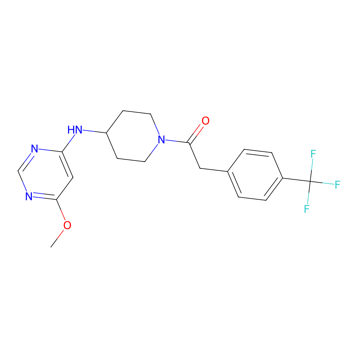 1-{4-[(6-Methoxypyrimidin-4-yl)amino]piperidin-1-yl}-2-[4-(trifluoromethyl)phenyl]ethan-1-one molecular structure, CAS 2415461-66-2