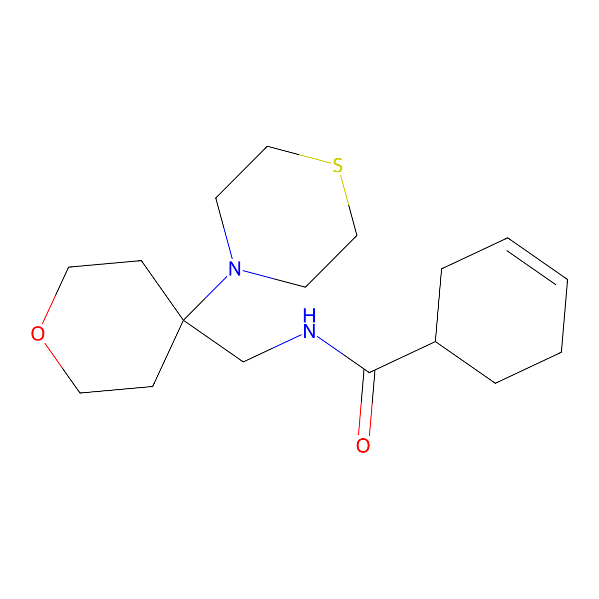 N-{[4-(thiomorpholin-4-yl)oxan-4-yl]methyl}cyclohex-3-ene-1-carboxamide molecular structure, CAS 2415461-72-0