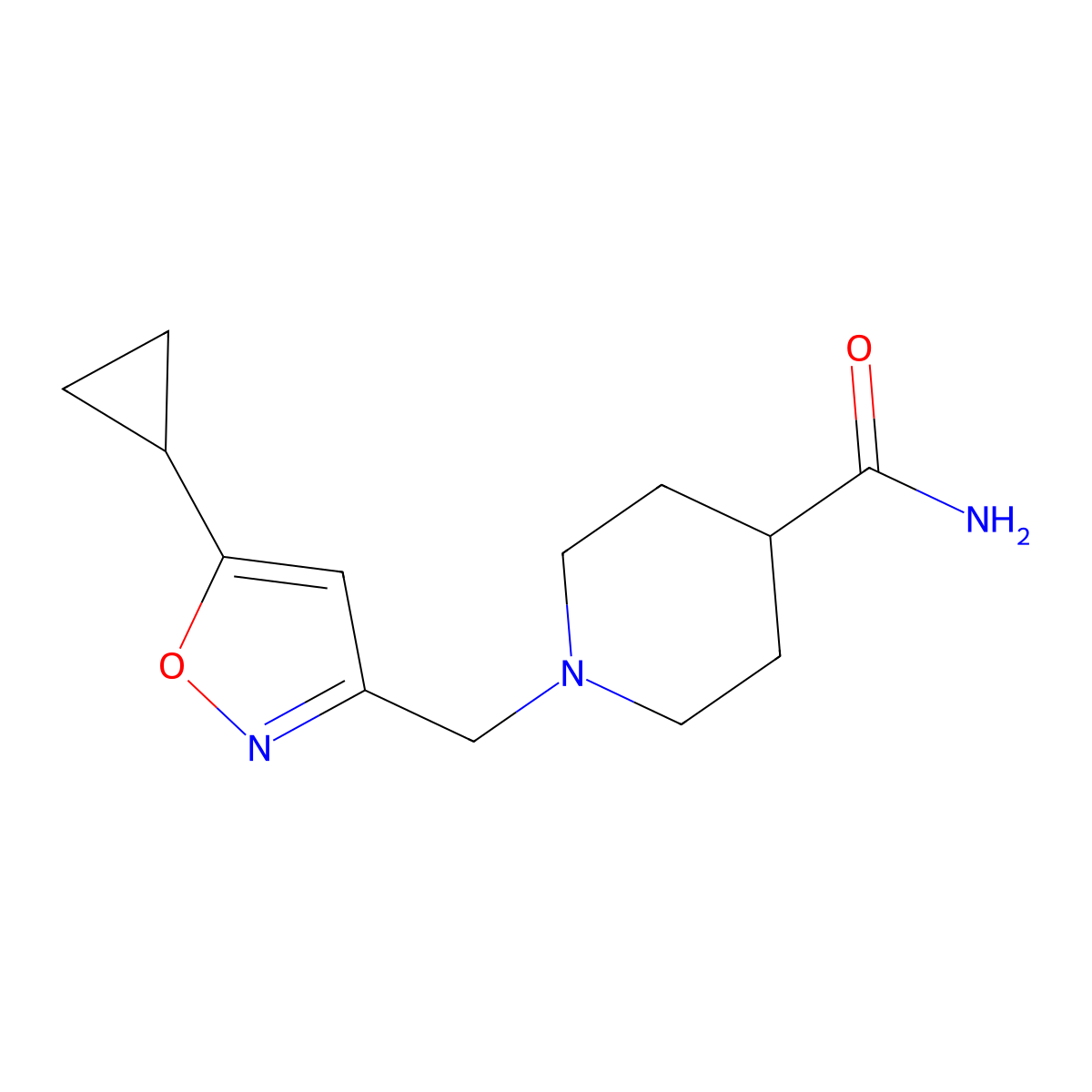 1-[(5-Cyclopropyl-1,2-oxazol-3-yl)methyl]piperidine-4-carboxamide molecular structure, CAS 2415461-74-2