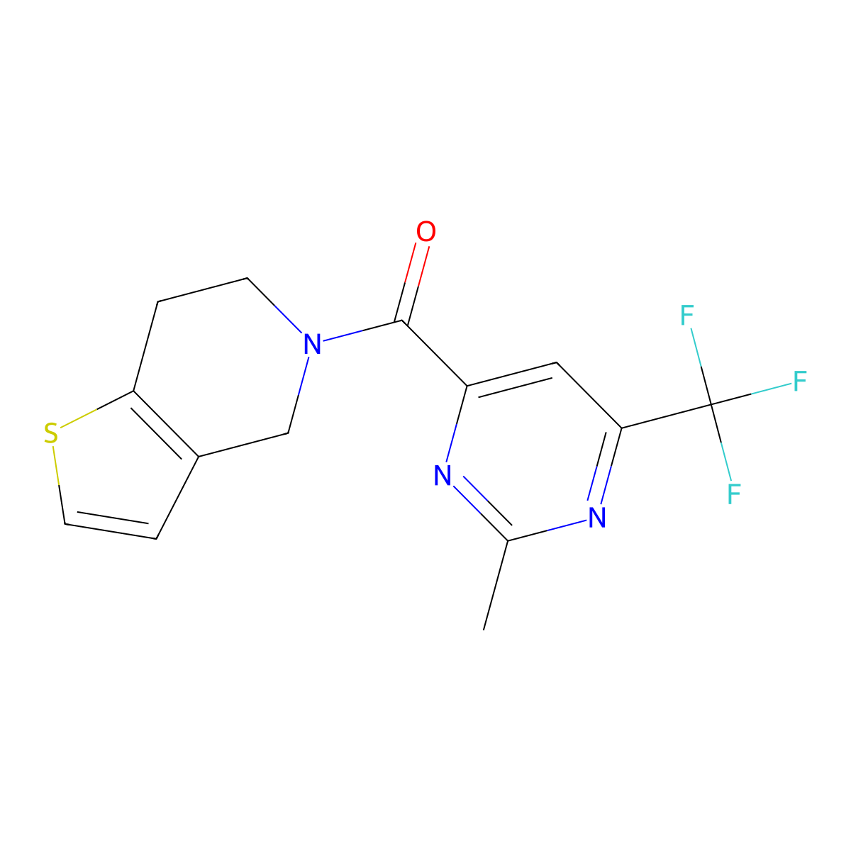 2-methyl-4-{4H,5H,6H,7H-thieno[3,2-c]pyridine-5-carbonyl}-6-(trifluoromethyl)pyrimidine molecular structure, CAS 2415461-78-6