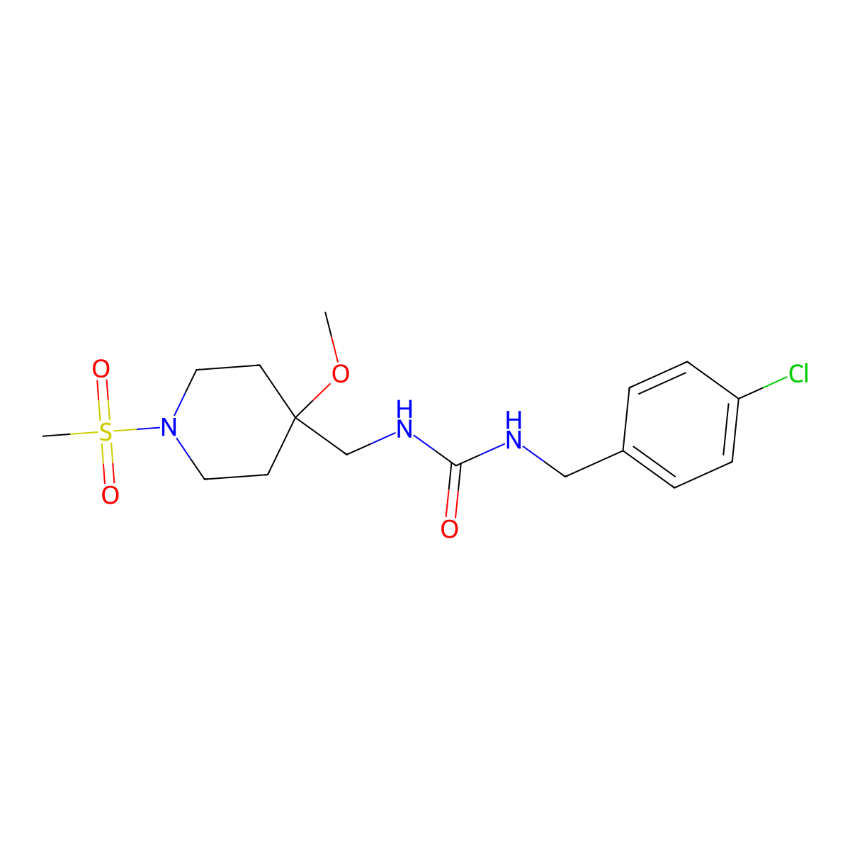 1-[(4-Chlorophenyl)methyl]-3-[(1-methanesulfonyl-4-methoxypiperidin-4-yl)methyl]urea molecular structure, CAS 2415461-85-5