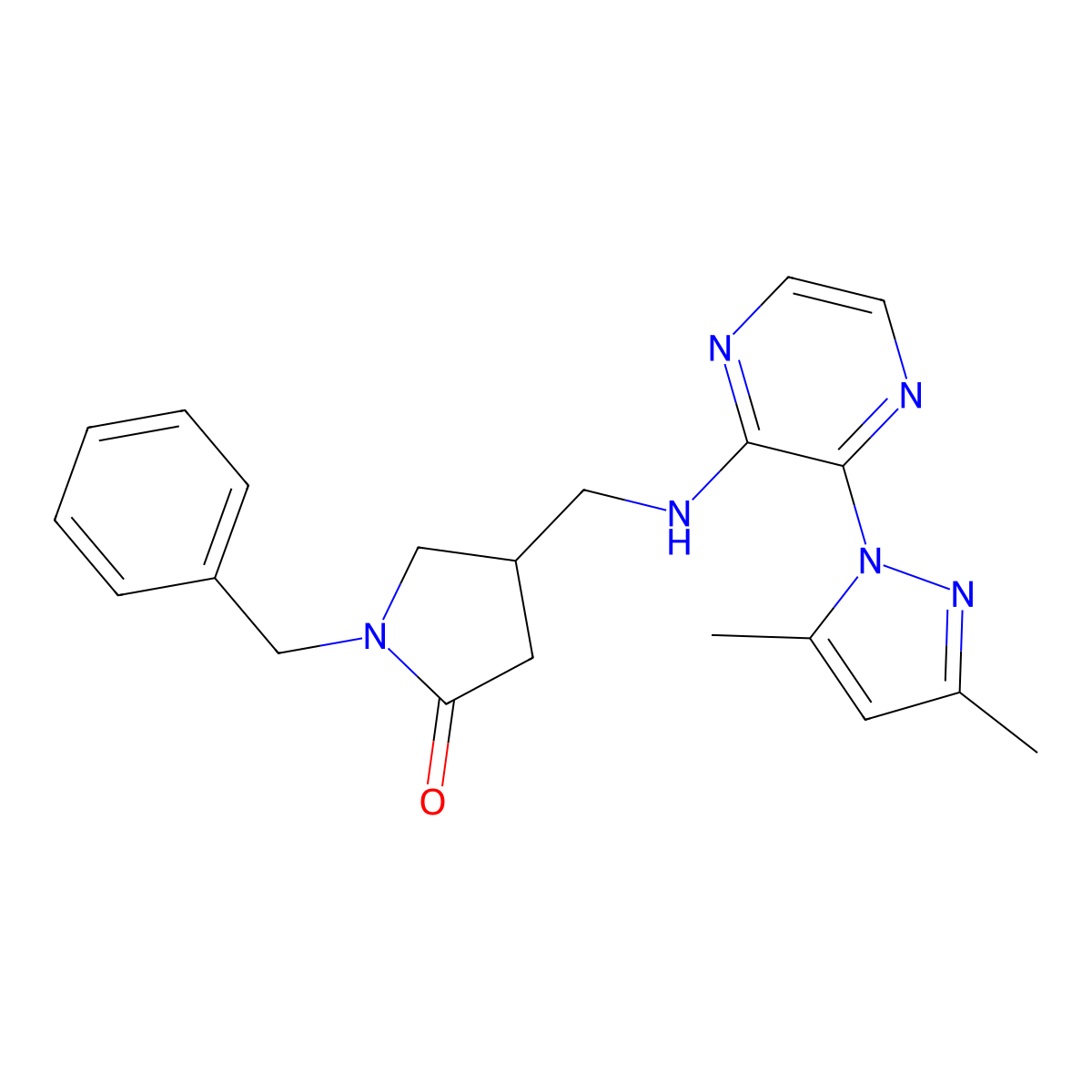 1-benzyl-4-({[3-(3,5-dimethyl-1H-pyrazol-1-yl)pyrazin-2-yl]amino}methyl)pyrrolidin-2-one molecular structure, CAS 2415461-88-8