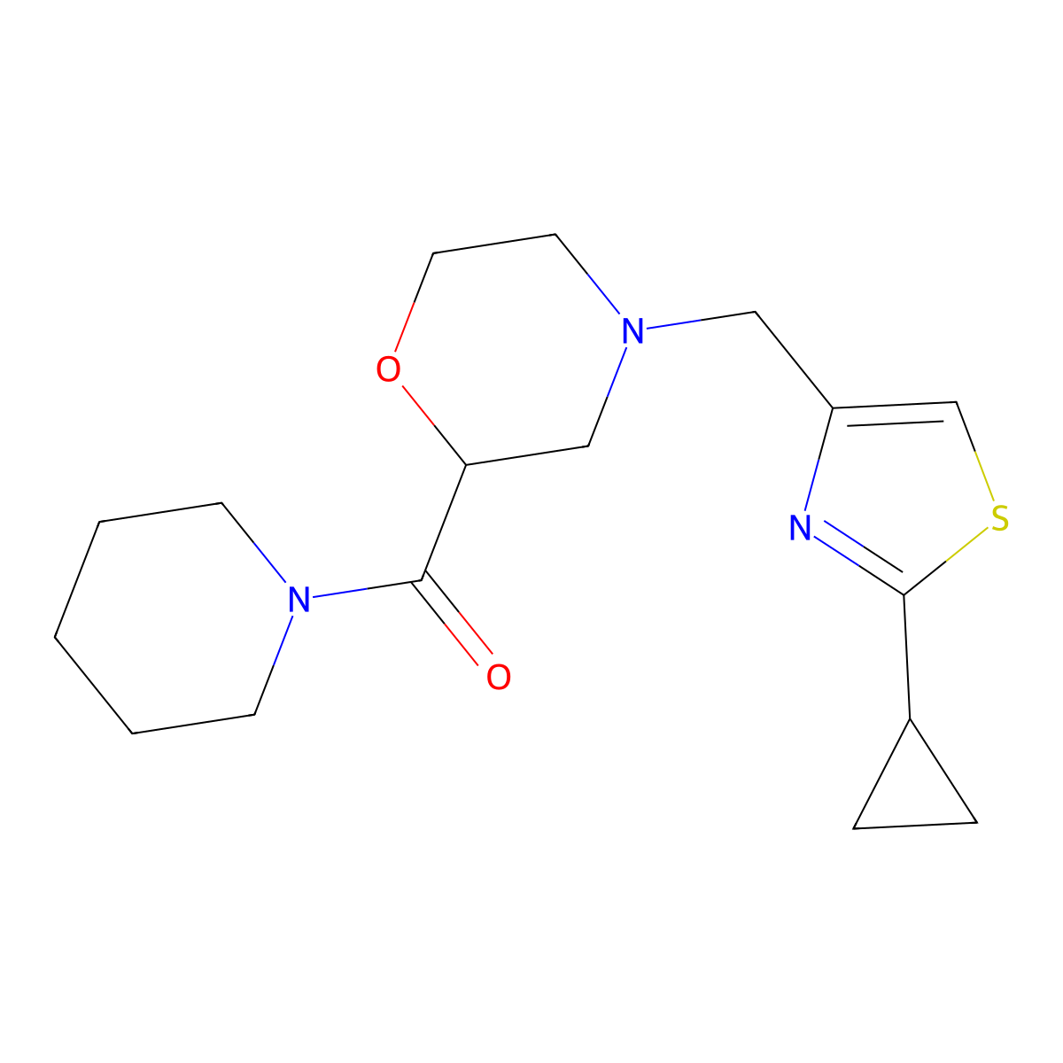 4-[(2-Cyclopropyl-1,3-thiazol-4-yl)methyl]-2-(piperidine-1-carbonyl)morpholine molecular structure, CAS 2415461-97-9