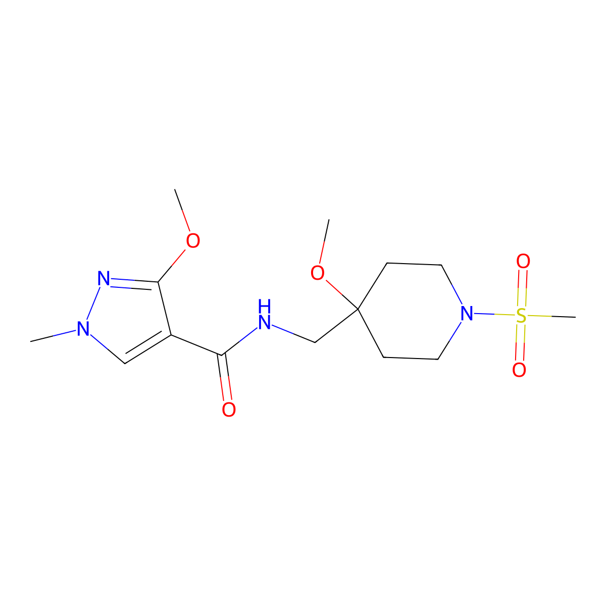 N-[(1-methanesulfonyl-4-methoxypiperidin-4-yl)methyl]-3-methoxy-1-methyl-1H-pyrazole-4-carboxamide molecular structure, CAS 2415462-02-9