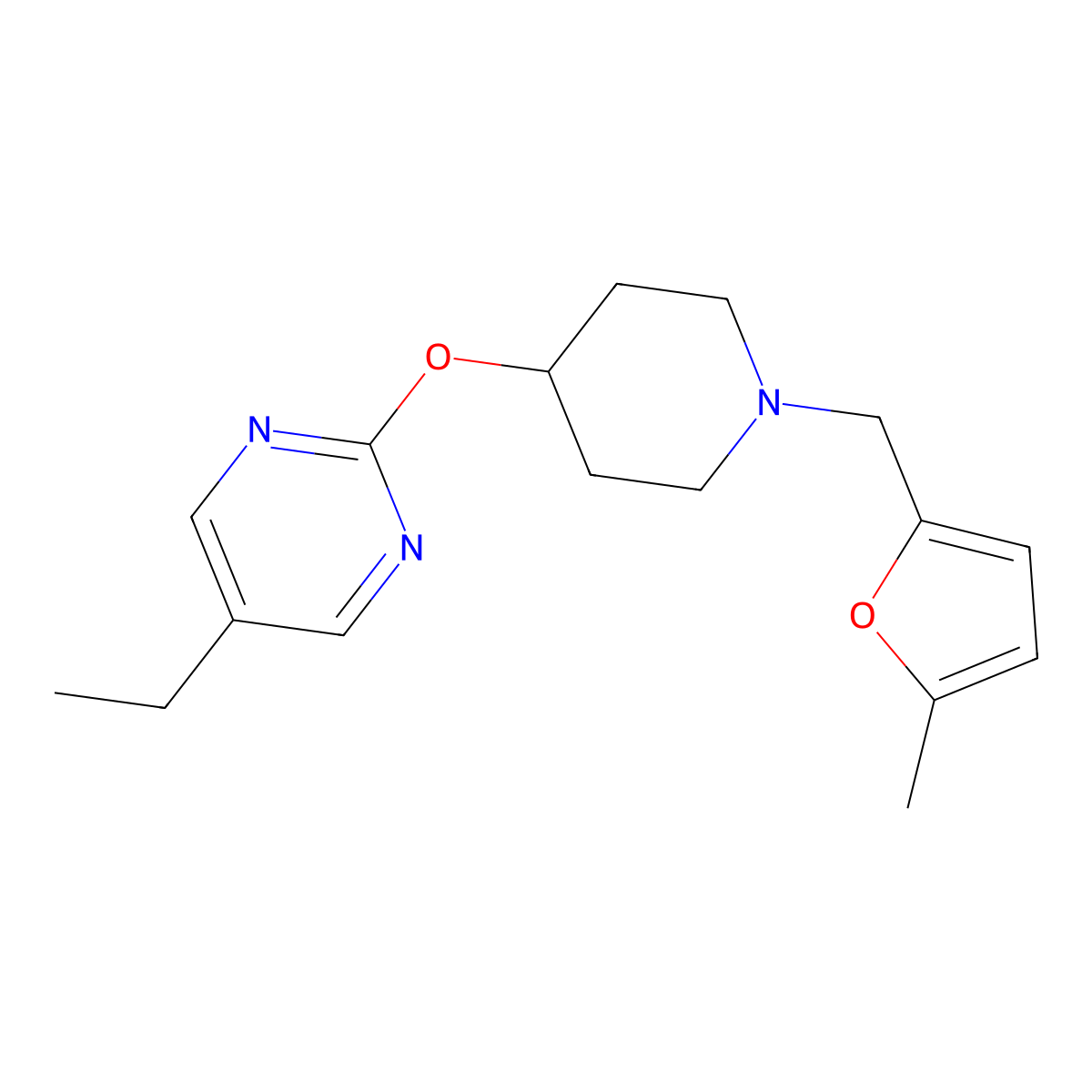 5-Ethyl-2-({1-[(5-methylfuran-2-yl)methyl]piperidin-4-yl}oxy)pyrimidine molecular structure, CAS 2415462-12-1