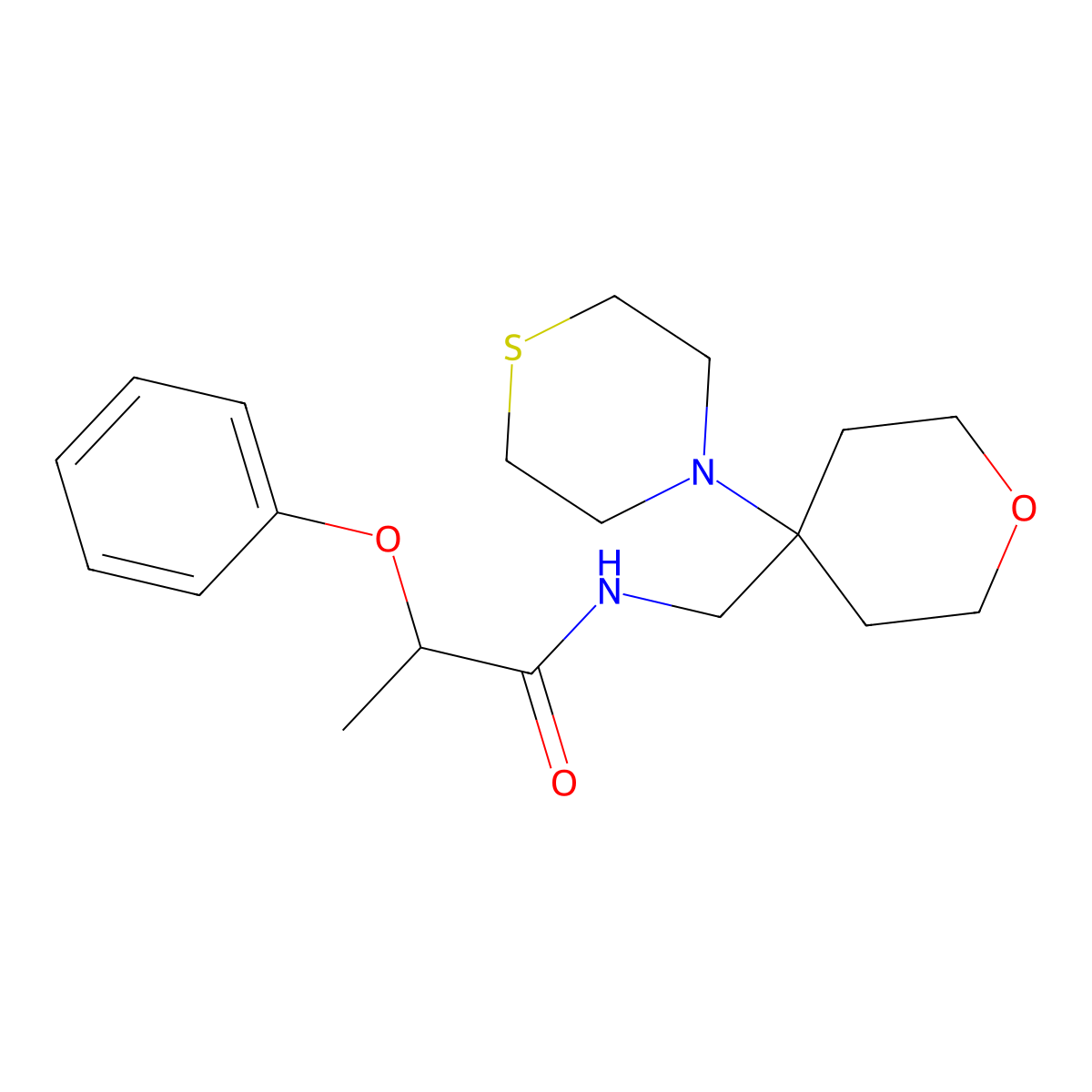 2-phenoxy-N-{[4-(thiomorpholin-4-yl)oxan-4-yl]methyl}propanamide molecular structure, CAS 2415462-18-7