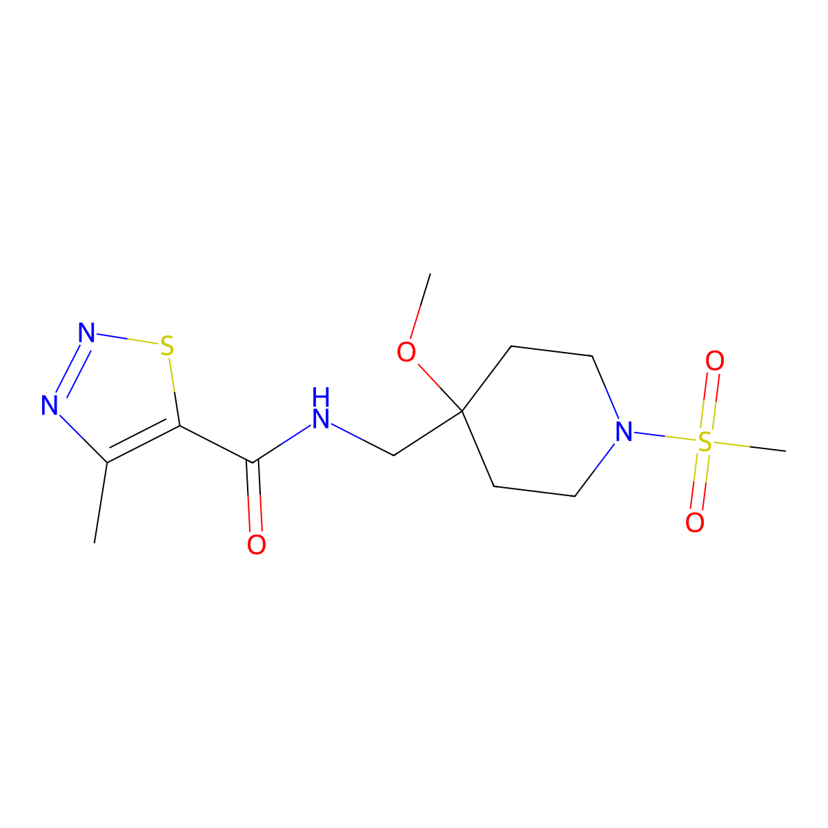 N-[(1-methanesulfonyl-4-methoxypiperidin-4-yl)methyl]-4-methyl-1,2,3-thiadiazole-5-carboxamide molecular structure, CAS 2415462-26-7