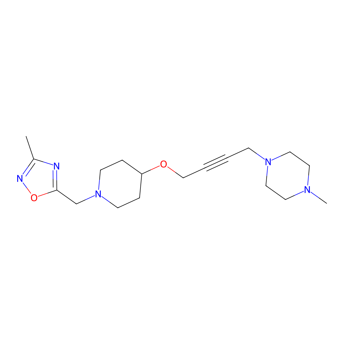 1-Methyl-4-[4-({1-[(3-methyl-1,2,4-oxadiazol-5-yl)methyl]piperidin-4-yl}oxy)but-2-yn-1-yl]piperazine molecular structure, CAS 2415462-29-0