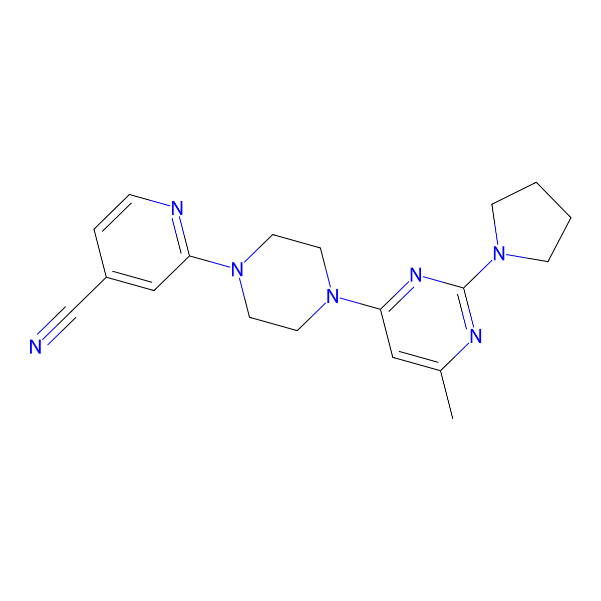 2-{4-[6-Methyl-2-(pyrrolidin-1-yl)pyrimidin-4-yl]piperazin-1-yl}pyridine-4-carbonitrile molecular structure, CAS 2415462-31-4