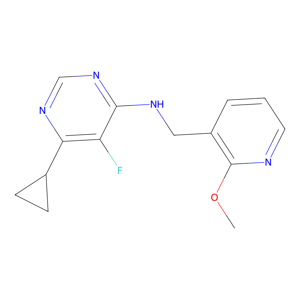 6-Cyclopropyl-5-fluoro-N-[(2-methoxypyridin-3-yl)methyl]pyrimidin-4-amine molecular structure, CAS 2415462-35-8