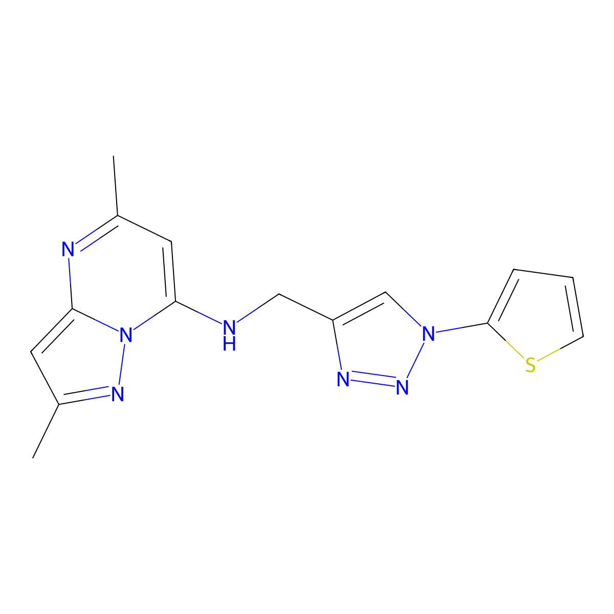 2,5-dimethyl-N-{[1-(thiophen-2-yl)-1H-1,2,3-triazol-4-yl]methyl}pyrazolo[1,5-a]pyrimidin-7-amine molecular structure, CAS 2415462-36-9