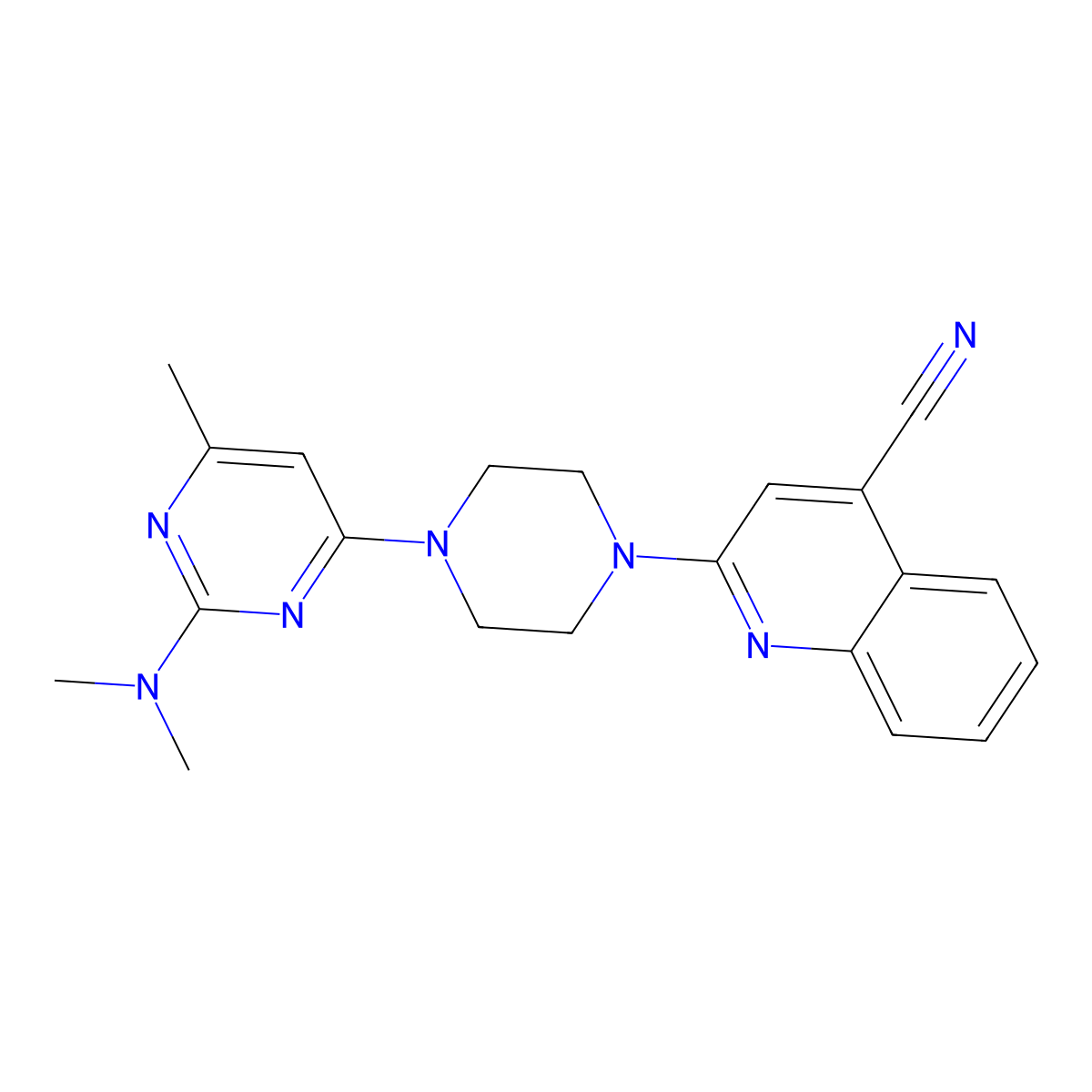 2-{4-[2-(Dimethylamino)-6-methylpyrimidin-4-yl]piperazin-1-yl}quinoline-4-carbonitrile molecular structure, CAS 2415462-37-0