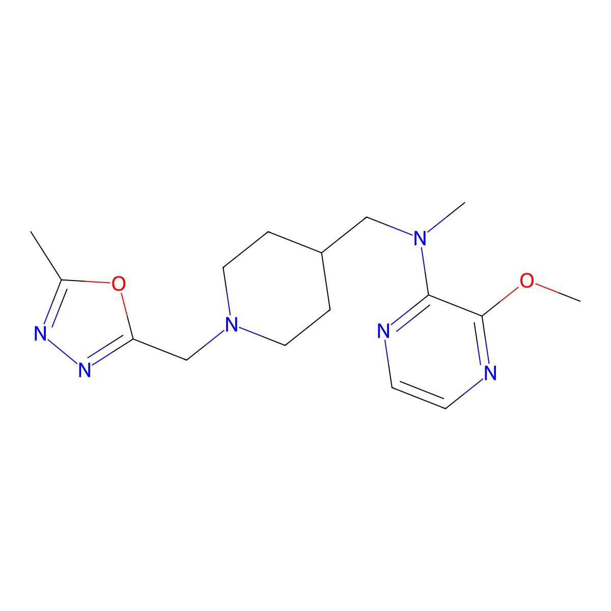 3-methoxy-N-methyl-N-({1-[(5-methyl-1,3,4-oxadiazol-2-yl)methyl]piperidin-4-yl}methyl)pyrazin-2-amine molecular structure, CAS 2415462-40-5