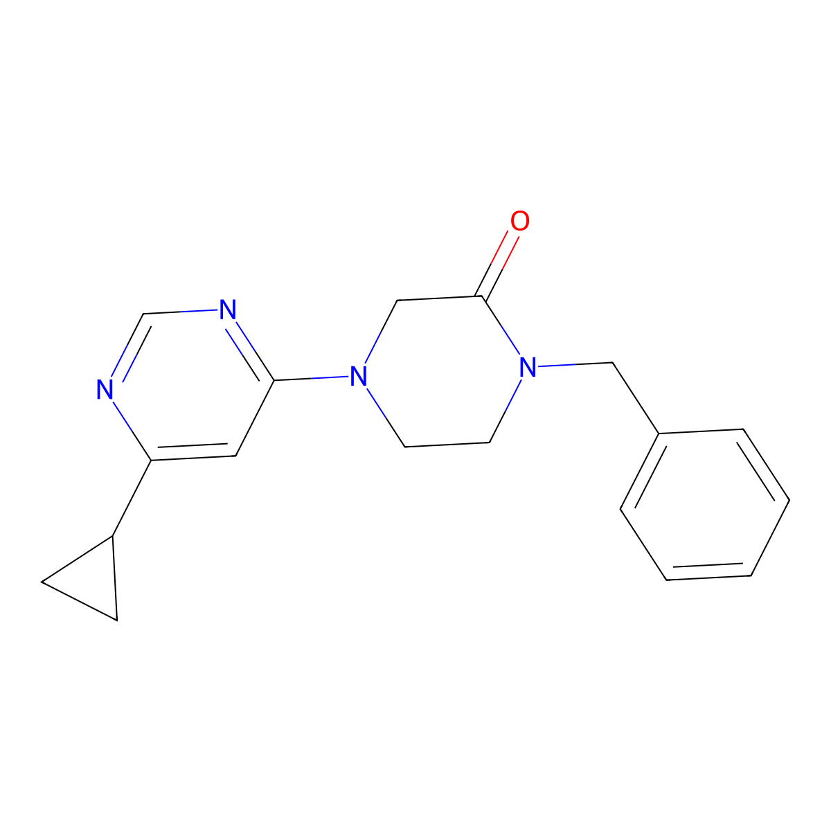 1-Benzyl-4-(6-cyclopropylpyrimidin-4-yl)piperazin-2-one molecular structure, CAS 2415462-65-4