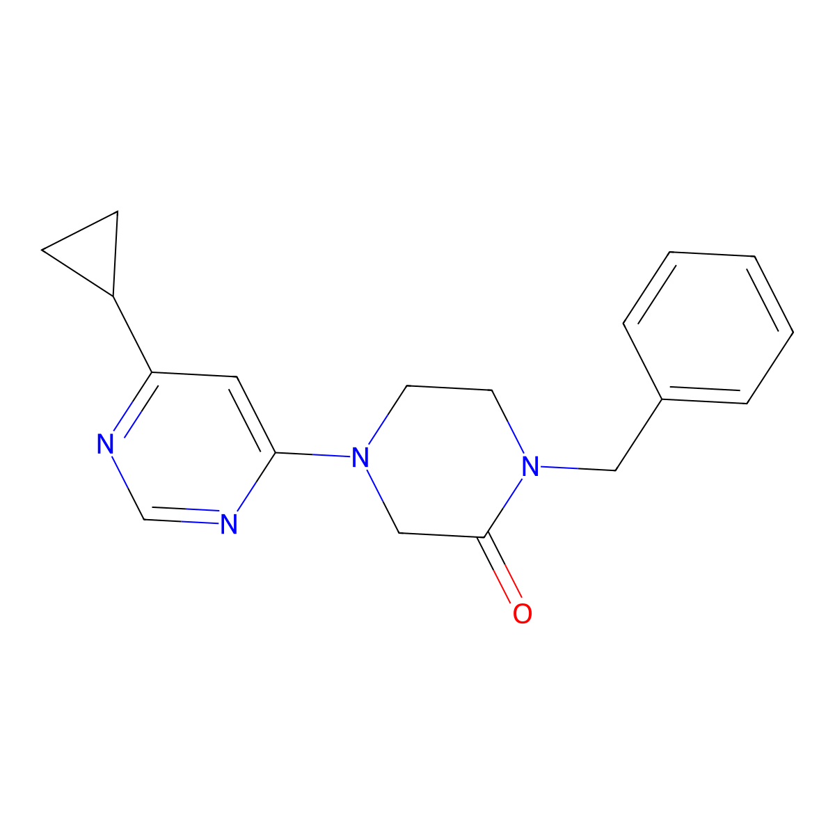 1-Benzyl-4-(6-cyclopropylpyrimidin-4-yl)piperazin-2-one molecular structure, CAS 2415462-65-4