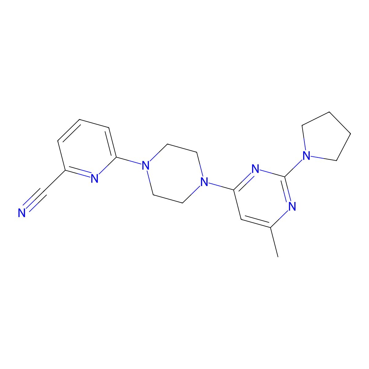 6-{4-[6-Methyl-2-(pyrrolidin-1-yl)pyrimidin-4-yl]piperazin-1-yl}pyridine-2-carbonitrile molecular structure, CAS 2415462-69-8