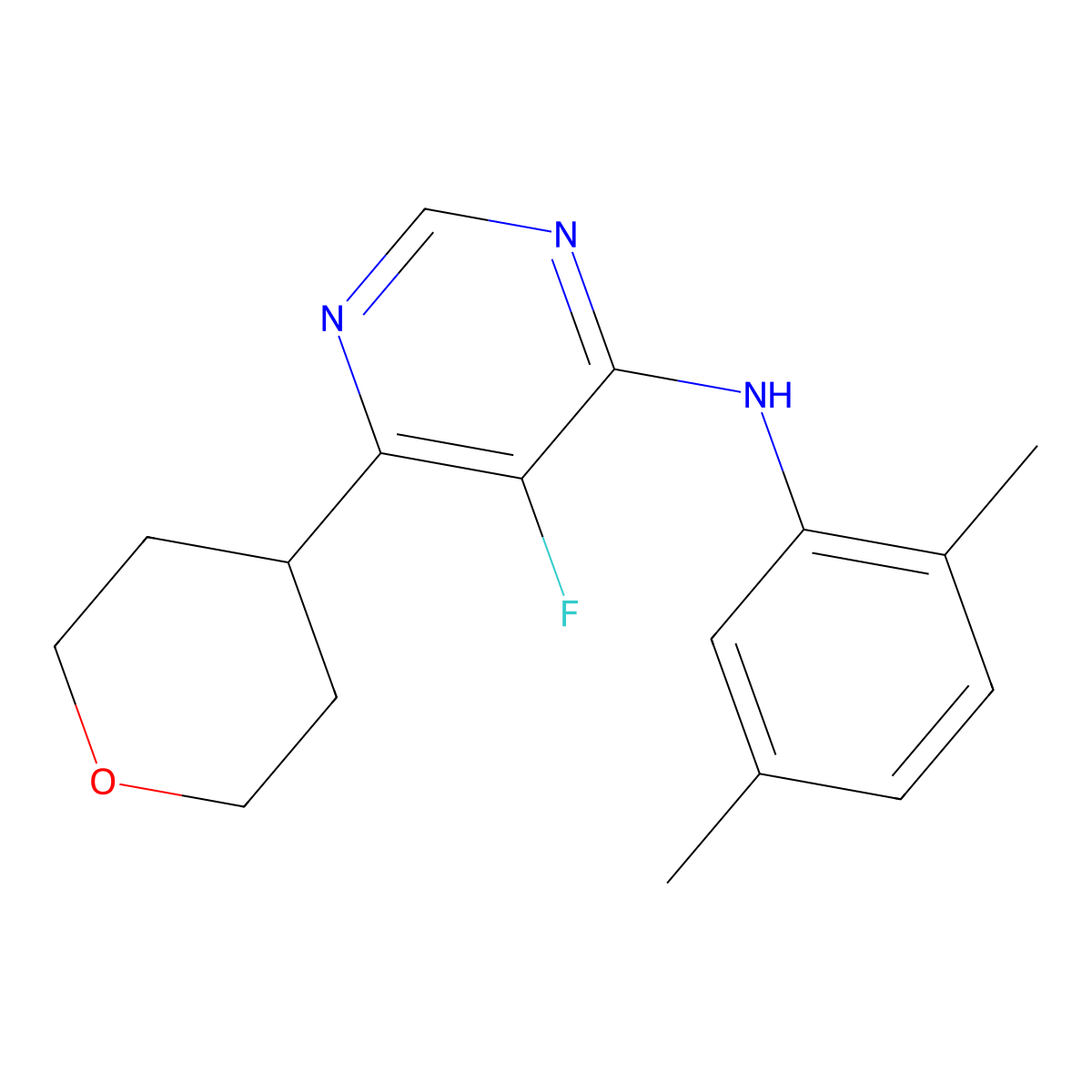 N-(2,5-dimethylphenyl)-5-fluoro-6-(oxan-4-yl)pyrimidin-4-amine molecular structure, CAS 2415462-70-1