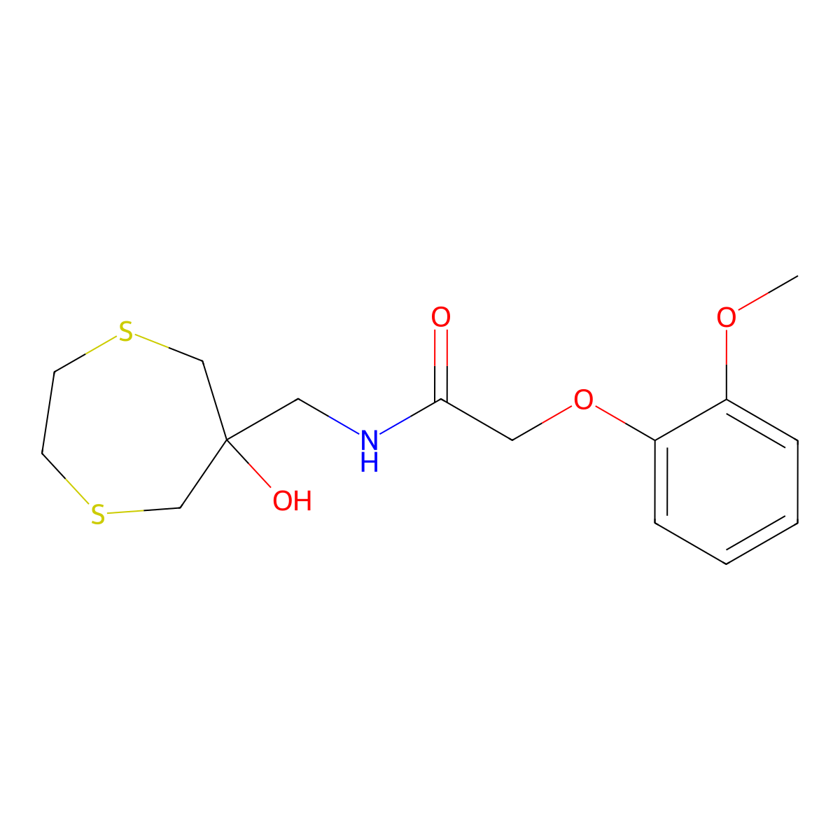 N-[(6-Hydroxy-1,4-dithiepan-6-yl)methyl]-2-(2-methoxyphenoxy)acetamide molecular structure, CAS 2415462-71-2
