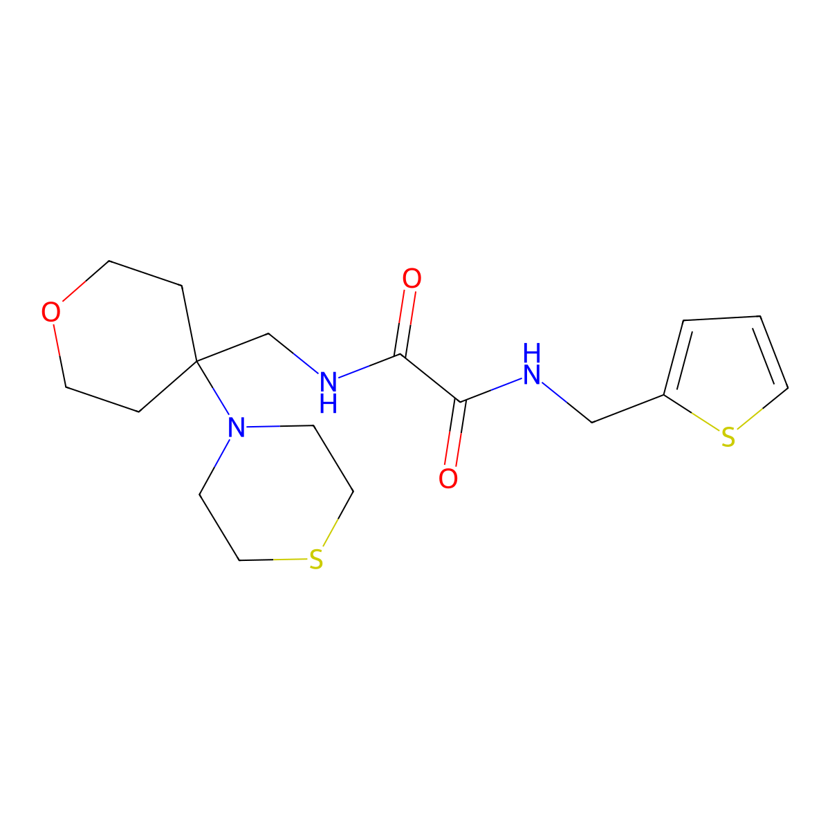N'-{[4-(thiomorpholin-4-yl)oxan-4-yl]methyl}-N-[(thiophen-2-yl)methyl]ethanediamide molecular structure, CAS 2415462-91-6