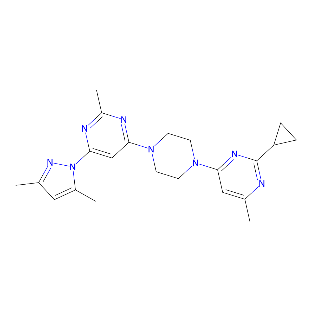4-[4-(2-cyclopropyl-6-methylpyrimidin-4-yl)piperazin-1-yl]-6-(3,5-dimethyl-1H-pyrazol-1-yl)-2-methylpyrimidine molecular structure, CAS 2415463-22-6