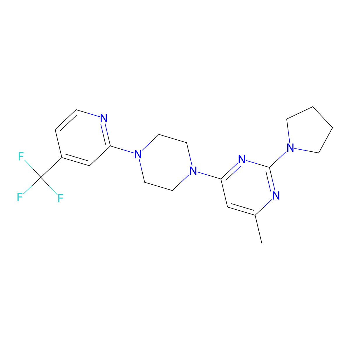 4-Methyl-2-(pyrrolidin-1-yl)-6-{4-[4-(trifluoromethyl)pyridin-2-yl]piperazin-1-yl}pyrimidine molecular structure, CAS 2415463-27-1