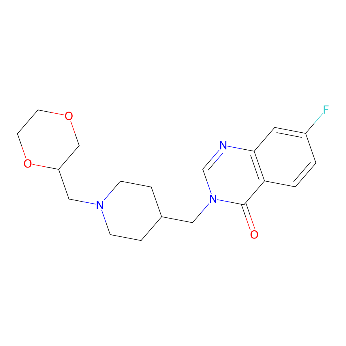 3-({1-[(1,4-Dioxan-2-yl)methyl]piperidin-4-yl}methyl)-7-fluoro-3,4-dihydroquinazolin-4-one molecular structure, CAS 2415463-28-2